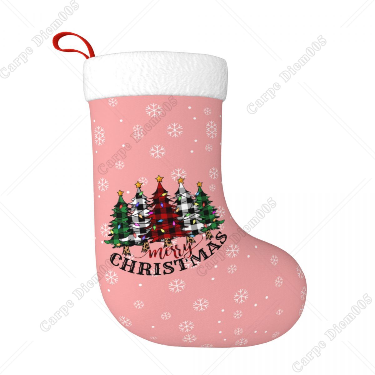 Christmas Stocking Hanging - Pink Snowflakes Christmas Trees Stocking Large