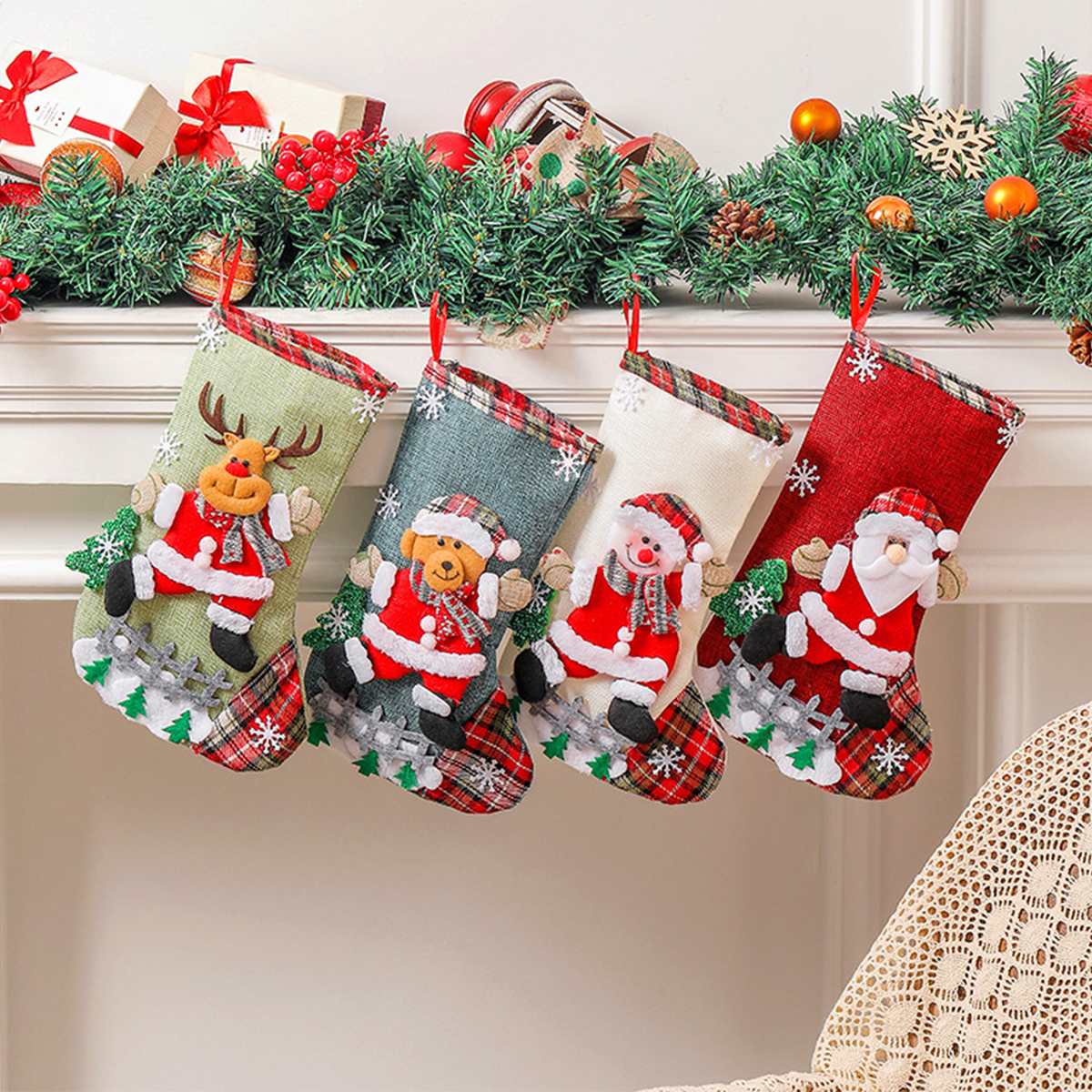 Christmas Stocking Hanging - Christmas Stockings Cute Large Linen Drawstring